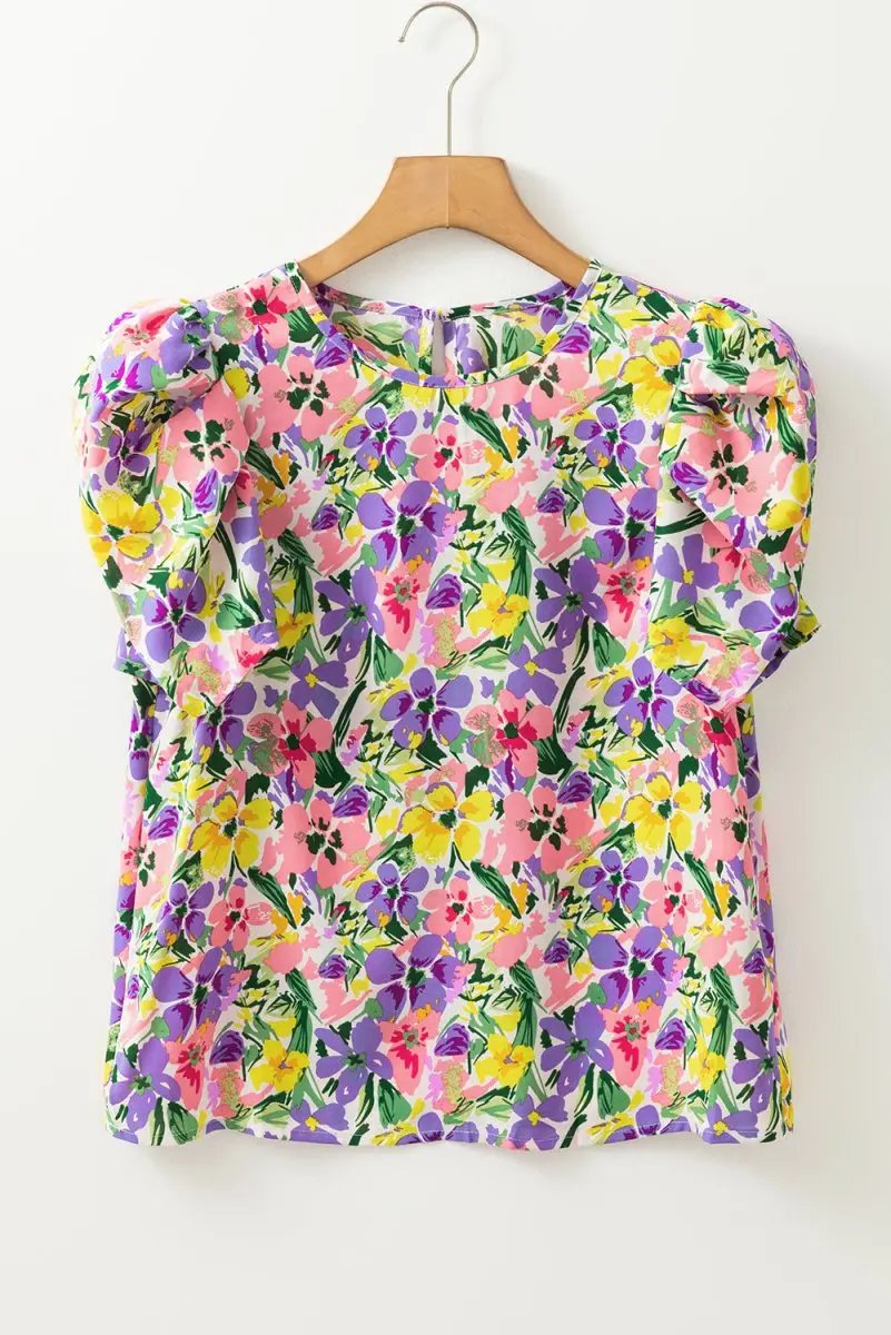 Purple Floral Print Puff Short Sleeve Crew Neck Blouse - Love Salve
